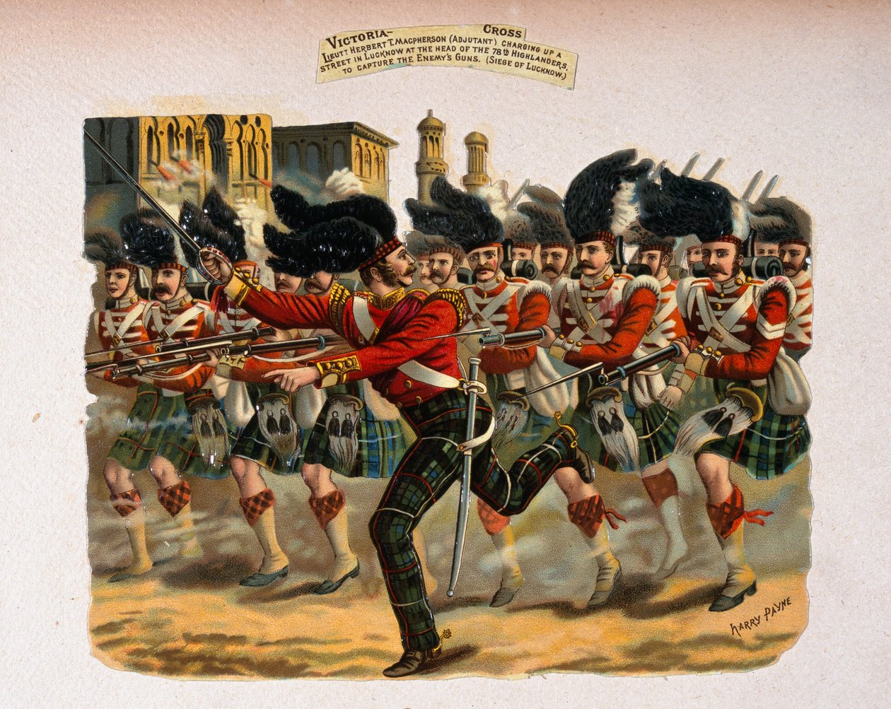 Løytnant Herbert T. Macpherson lader opp en gate i Lucknow i spissen for 78th Highlanders, fra en serie med tittelen 'Victoria Cross Gallery, 1854-84', utgitt i 1890 av Henry A. Payne