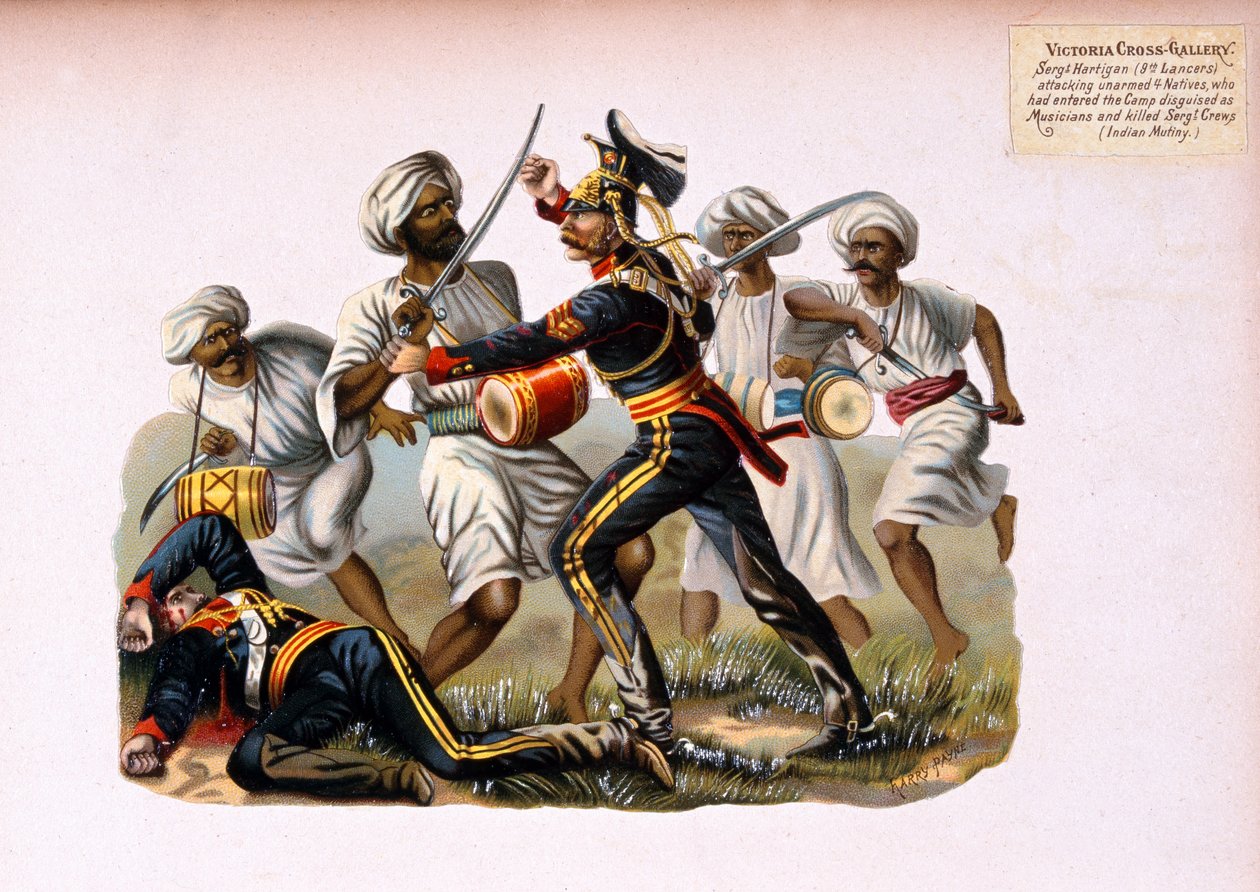 Sersjant Hartigan, 9th Lancers, angrep ubevæpnede 4 innfødte som hadde kommet inn i leiren forkledd som musikere og drept Sergeant Crews, Indian Mutiny, fra en serie med tittelen 'Victoria Cross Gallery 185 av Henry A. Payne