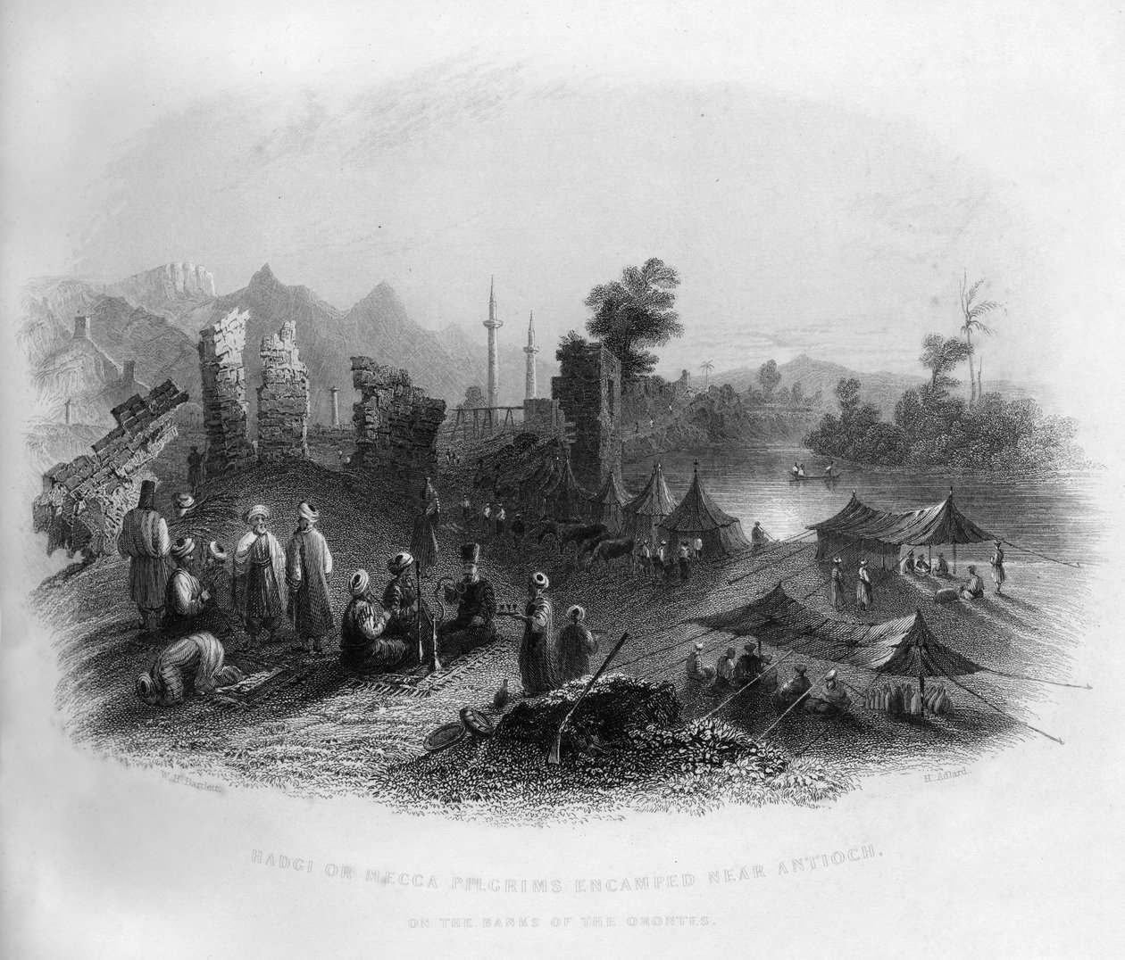 Hadgi Mekka-pilegrimer slo leir nær Antiokia, ved bredden av Orontes, Tyrkia, 1841. av Henry Adlard