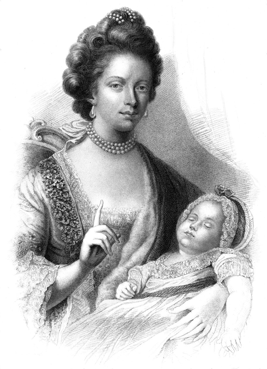 Dronning Charlotte 1744-1818 med den fremtidige kong George IV 1762-1830, 1800-tallet. av Henry Adlard