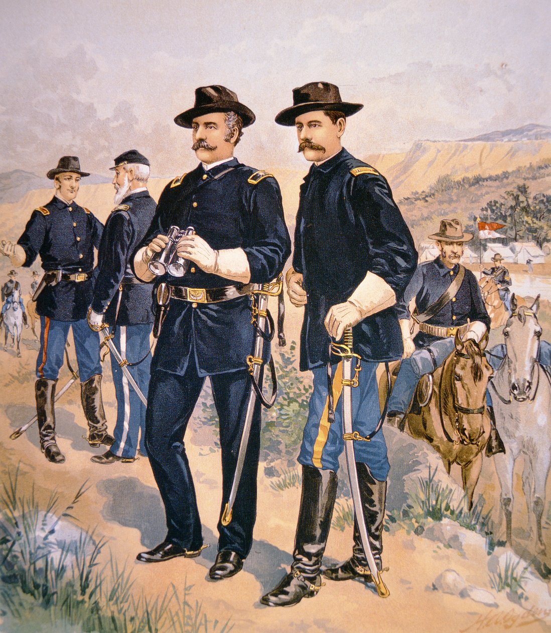 Brigadegeneral Nelson A. Miles, linjeoffiserer og vervet meg i kampanjedrakt fra 1888 (litho-farge) av Henry Alexander (after) Ogden