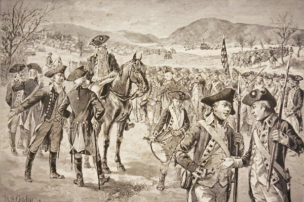 Oppløsning av den amerikanske kontinentale hæren i New Windsor, New York, tidlig i november 1783 (litho) av Henry Alexander (after) Ogden