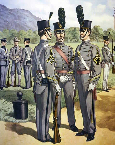 West Point Military Academy kadettuniformer fra 1902-07 (litho-farge) av Henry Alexander (after) Ogden