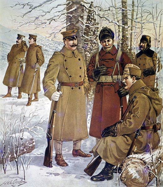 Vinteruniformer fra den amerikanske hæren 1901-07 (farge litho) av Henry Alexander (after) Ogden