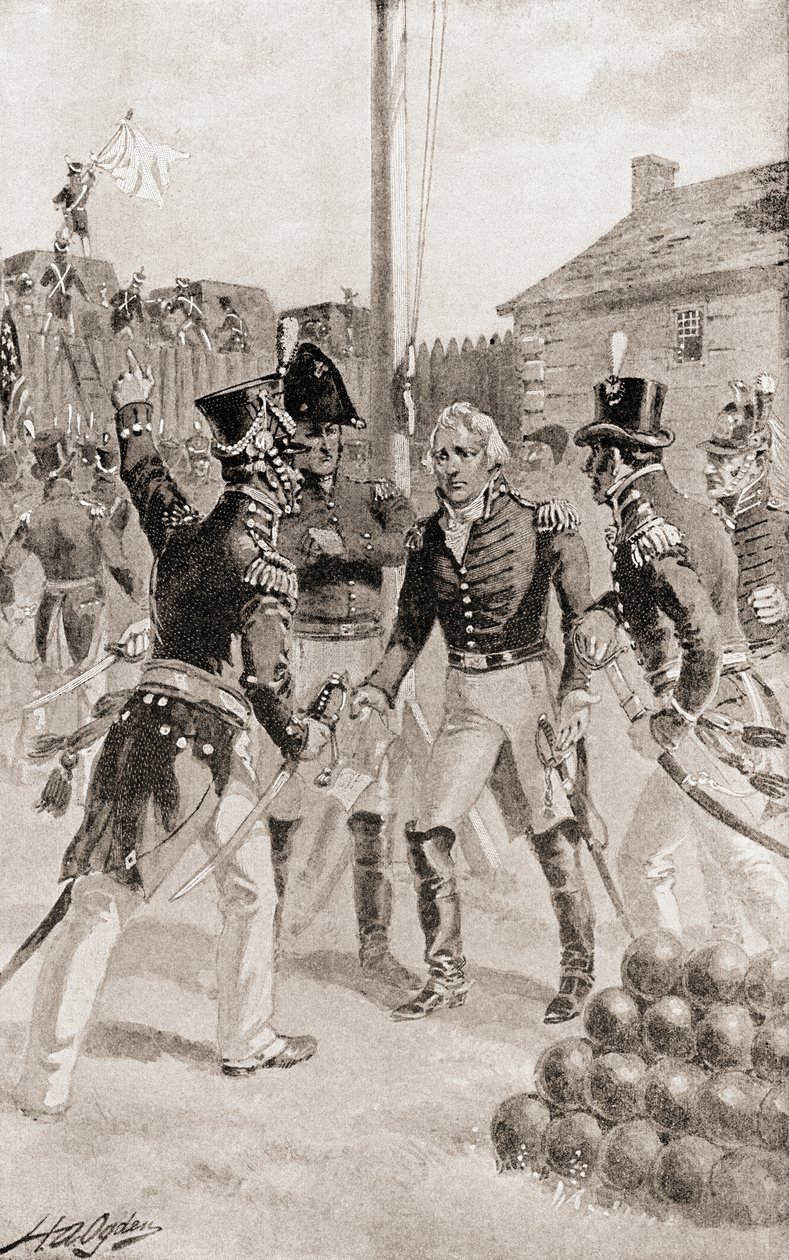Brigadegeneral William Hull overgir fortet og byen Detroit, Michigan, Amerika under The Siege of Detroit, fra The History of Our Country, publisert 1905 av Henry Alexander Ogden