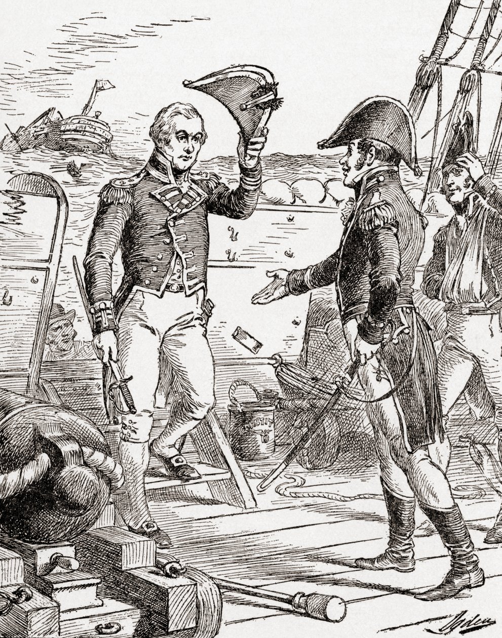 Kaptein Dacres fra HMS Guerriere overgir seg og tilbyr sverdet sitt til kaptein Hull ombord på USS Constitution etter hans nederlag under krigen i 1812, fra The History of Our Country, publisert 19. av Henry Alexander Ogden