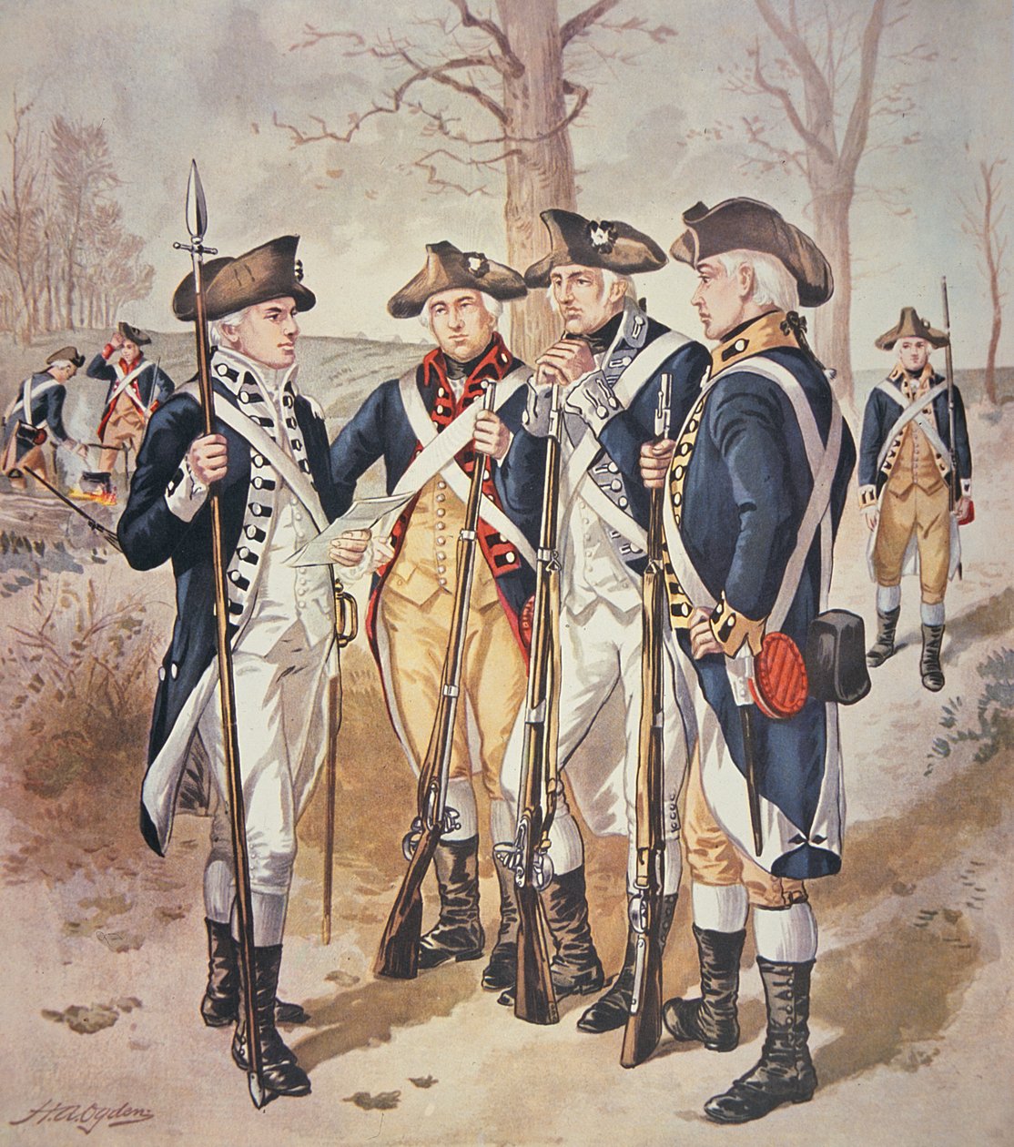 Infanteriuniformer fra den (amerikanske) kontinentale hæren fra 1779-83 (akvarell på papir) av Henry Alexander Ogden