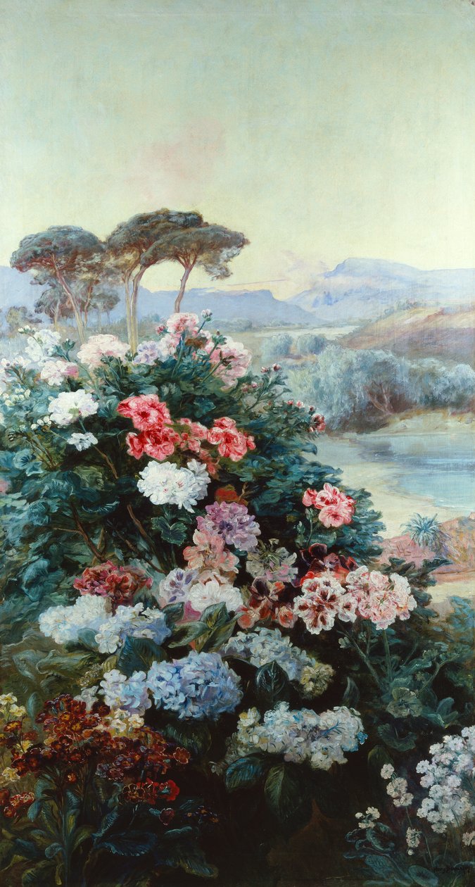 Kameliaer og andre blomster i et landskap (olje på lerret) av Henry Arthur Bonnefoy