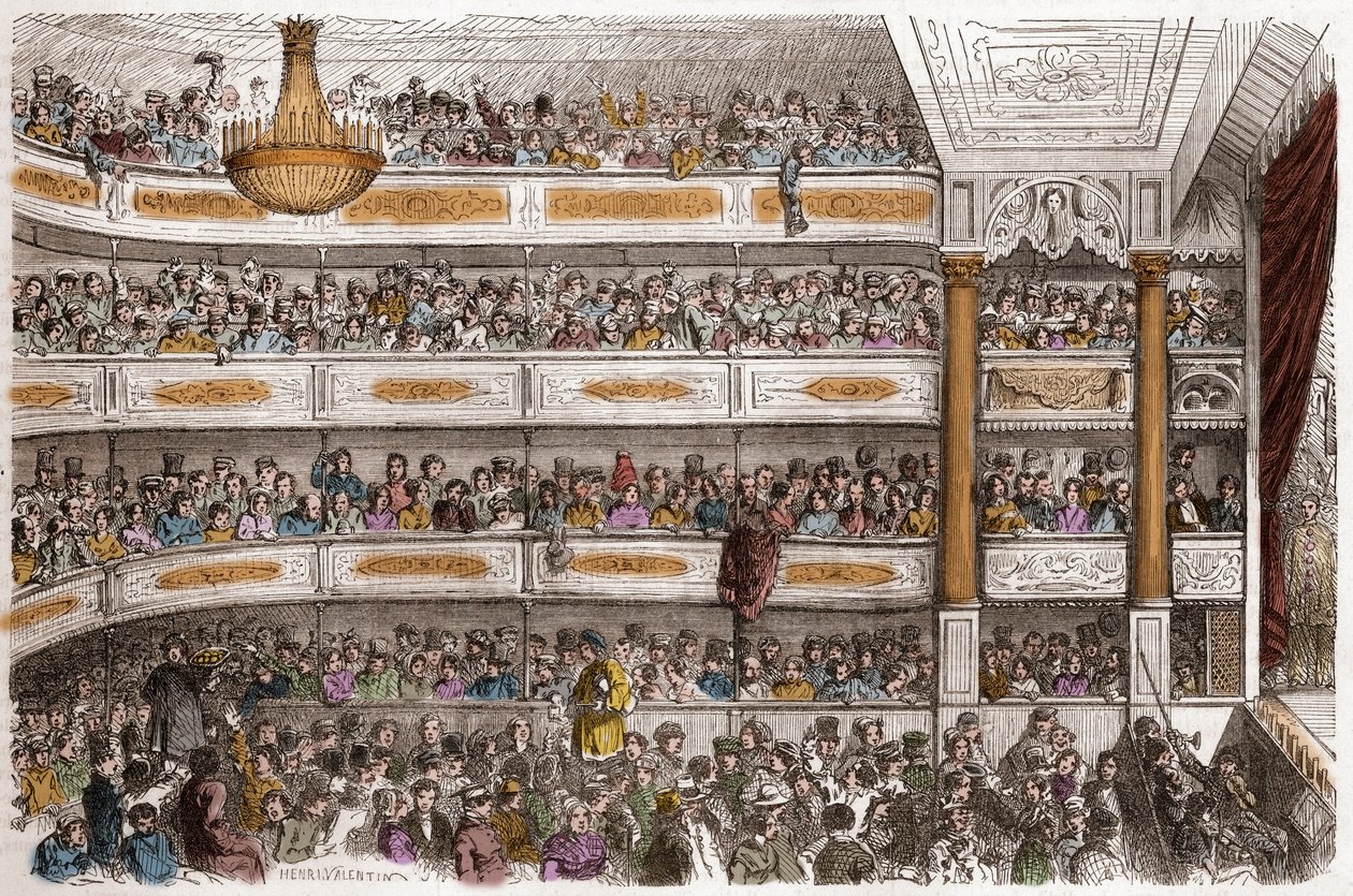 Auditoriet til Theatre des Funambules i Paris på 1800-tallet - Theatre des Funambules, boulevard du Temple a Paris, på 1800-tallet - Gravering av Henri Valentin (1822-1886) i "Tableau-de-Paris" av Edmond Texier 1852 av Henry Augustin Valentin