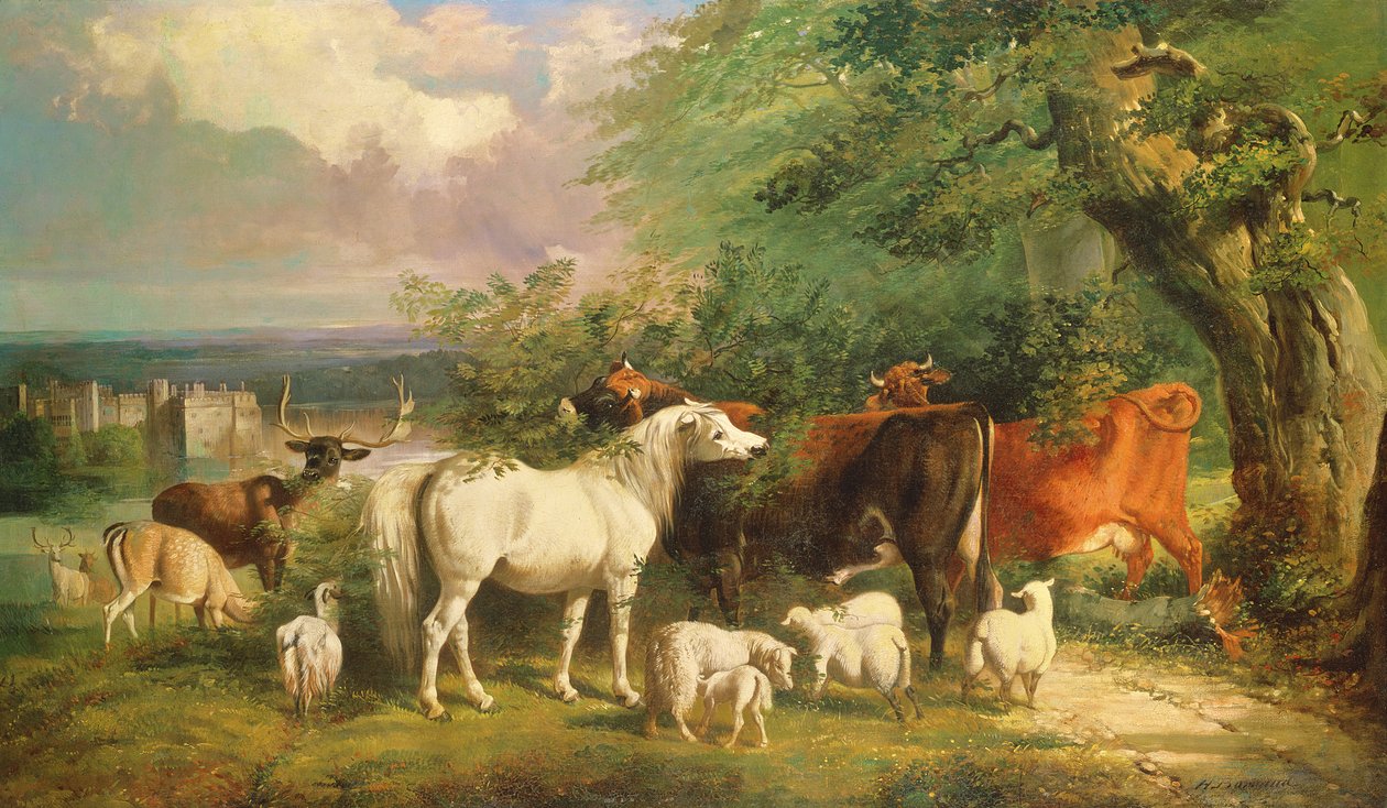 Haddon Hall med sauer, storfe, en hjort og en ponni av Henry Barraud