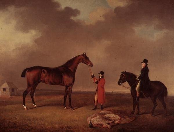 Bay Horse med brudgommen på Newmarket Heath av Henry Bernard Chalon