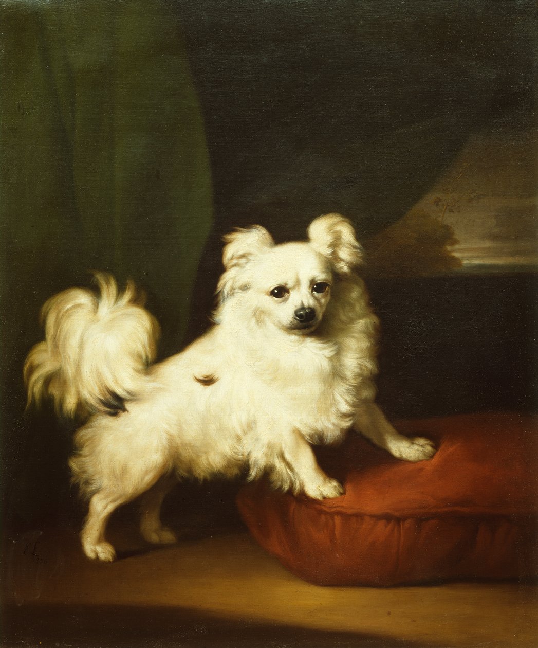 Hennes favoritt, en hvit papillon som står på en pute av Henry Bernard Chalon