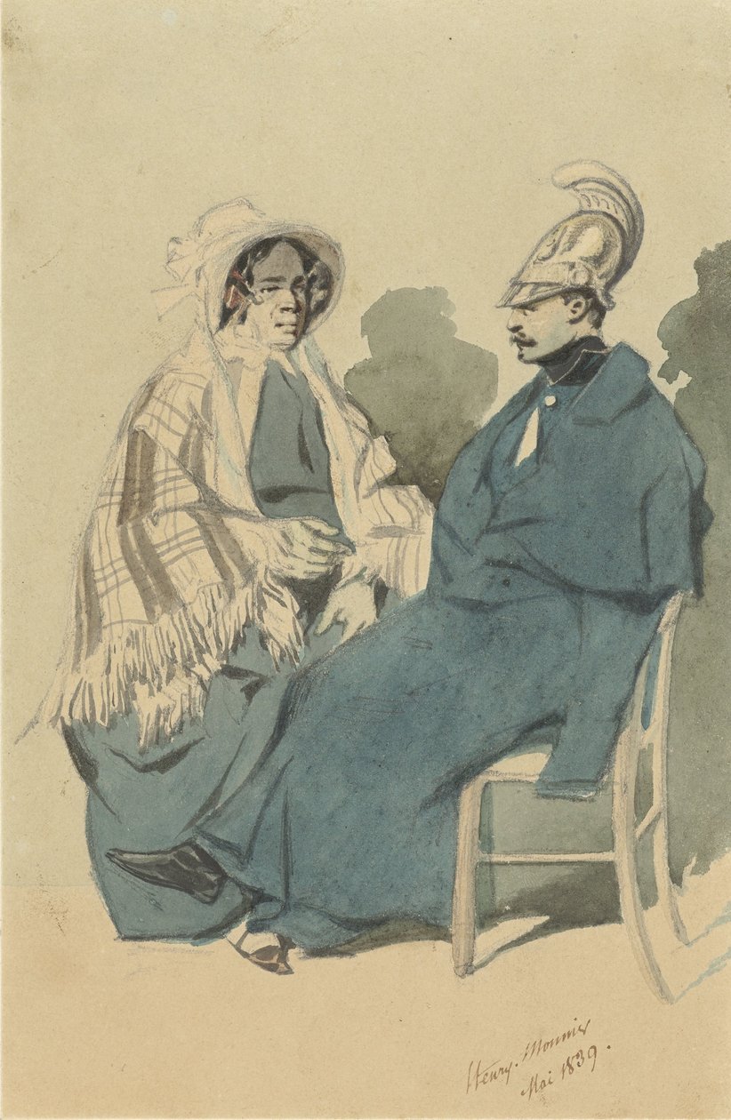 Cuirassier med hjelm og blå kappe, sitter ved siden av en gammel dame på reisetoalett av Henry Bonaventure Monnier