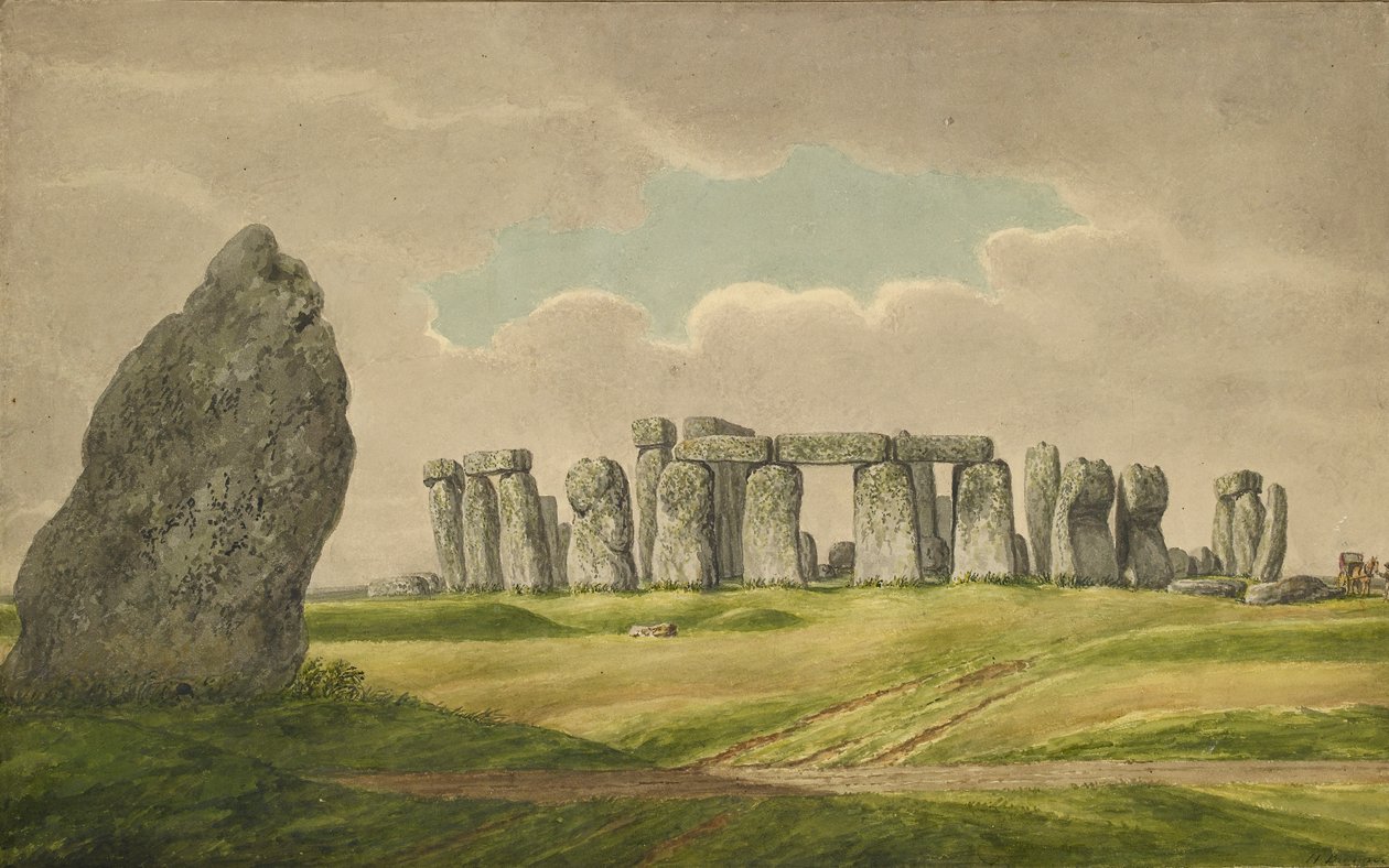 Stonehenge fra N.E., viser ruiner og hælstein med vogn, hest, person, 1824-1839 av Henry Browne