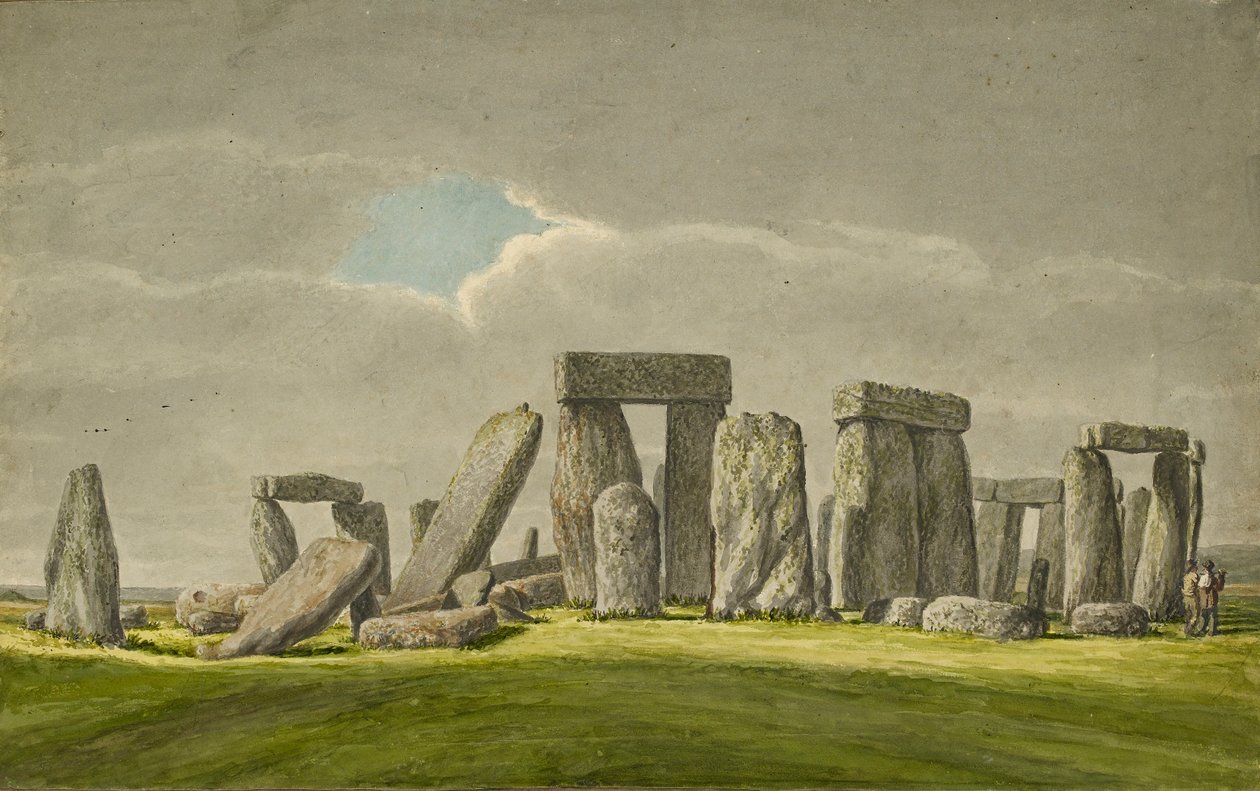Stonehenge fra S.E., viser steiner i ødelagt tilstand med 2 besøkende, 1824-1839 av Henry Browne