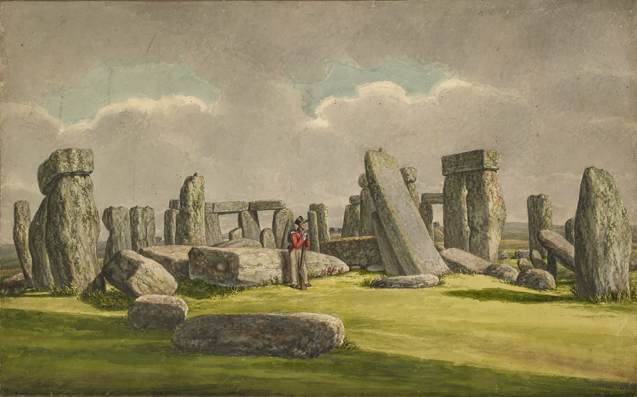 Stonehenge fra W.S.W., viser ruiner med soldat, 1824-1839 av Henry Browne