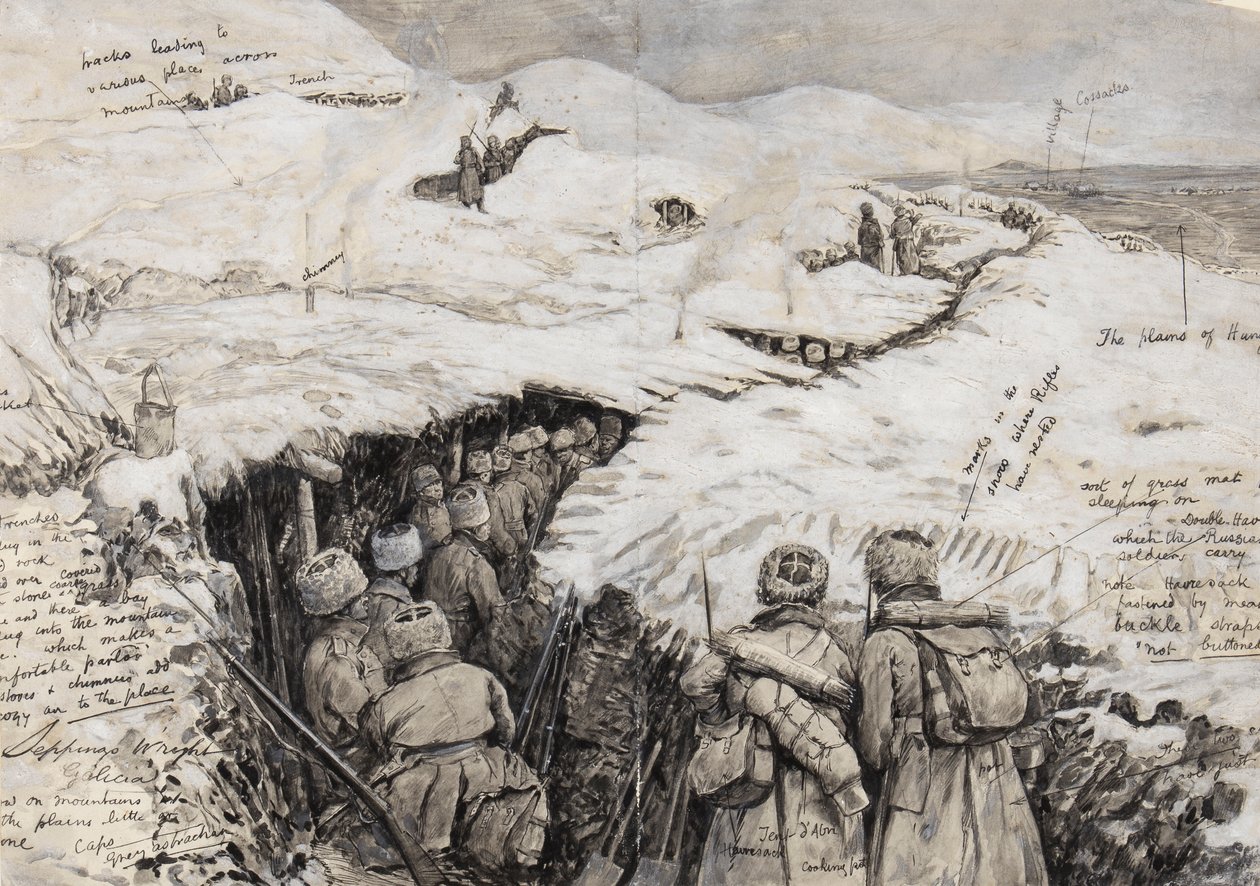 Galicia, russiske tropper i snøkledde åser, 13. mars 1916 (blekk og gouache på papir) av Henry Charles Seppings Wright