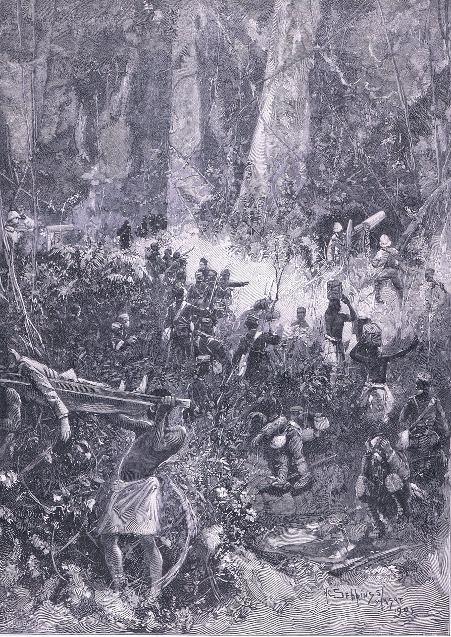 Ashanti-krigen 1900: En kamp i skogen, illustrasjon fra Cassells History of England, 1900-tallet av Henry Charles Seppings Wright