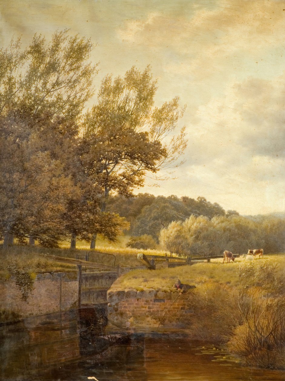 Skoglandskap med guttfiske i en lås, 1931. av Henry Cheadle