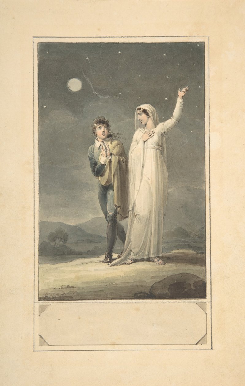 Nattlig landskap med to figurer design for en gravert bokillustrasjon, 1807-44. av Henry Corbould