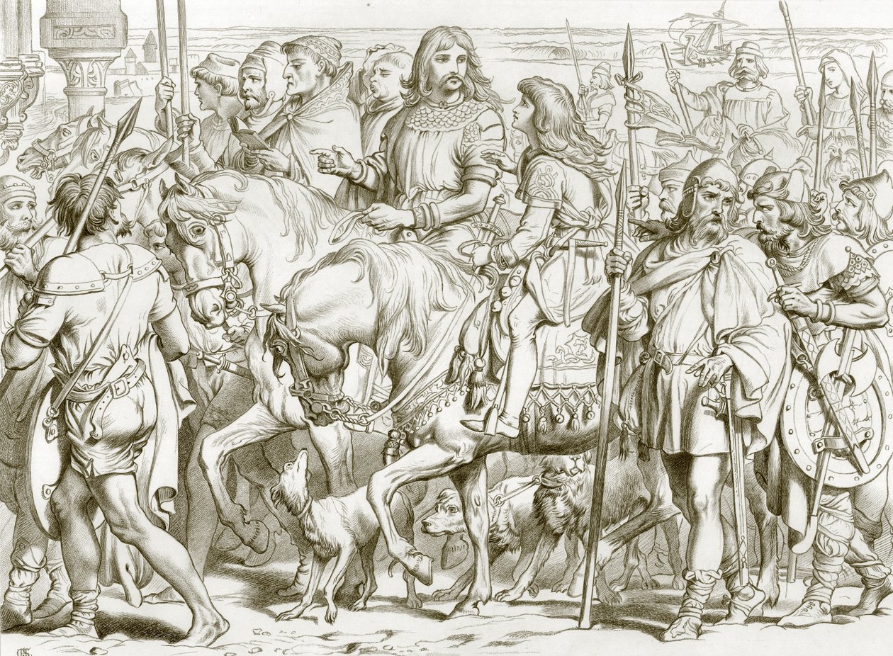 Hereward går inn i den innviede festningen St. Bertin (gravering) av Henry Courtney (after) Selous