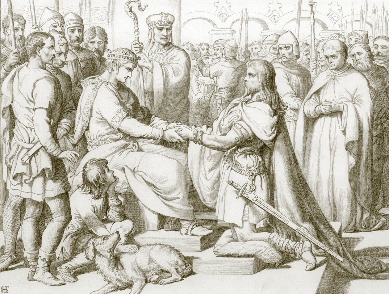 Hvordan Hereward kom inn til kongen (gravering) av Henry Courtney (after) Selous