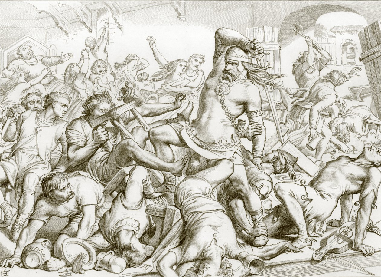 Hvordan Hereward renset Bourne for franskmenn (gravering) av Henry Courtney (after) Selous