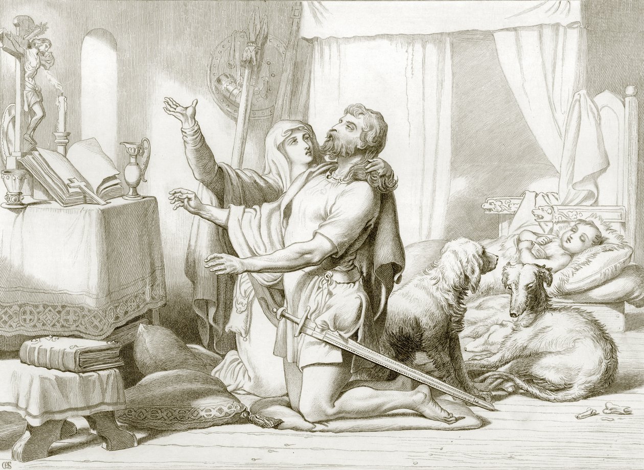 Hvordan Torfrida lærer Hereward å be (gravering) av Henry Courtney (after) Selous