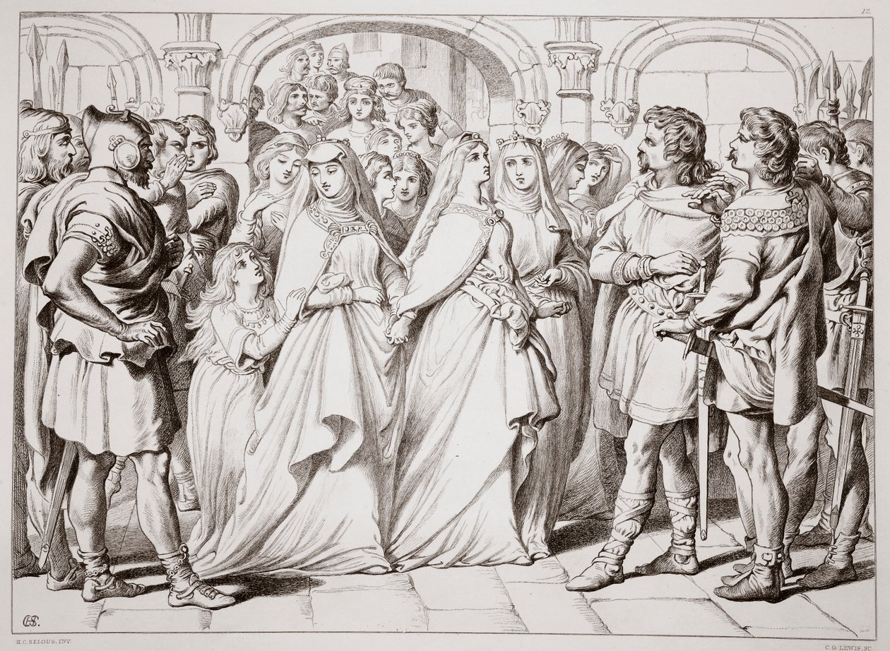 Alftruda gjenkjenner Hereward, illustrasjon fra Hereward the Great av Charles Kingsley, pub. 1870, gravert av C.G. Lewis (gravering av stålplater) av Henry Courtney Selous