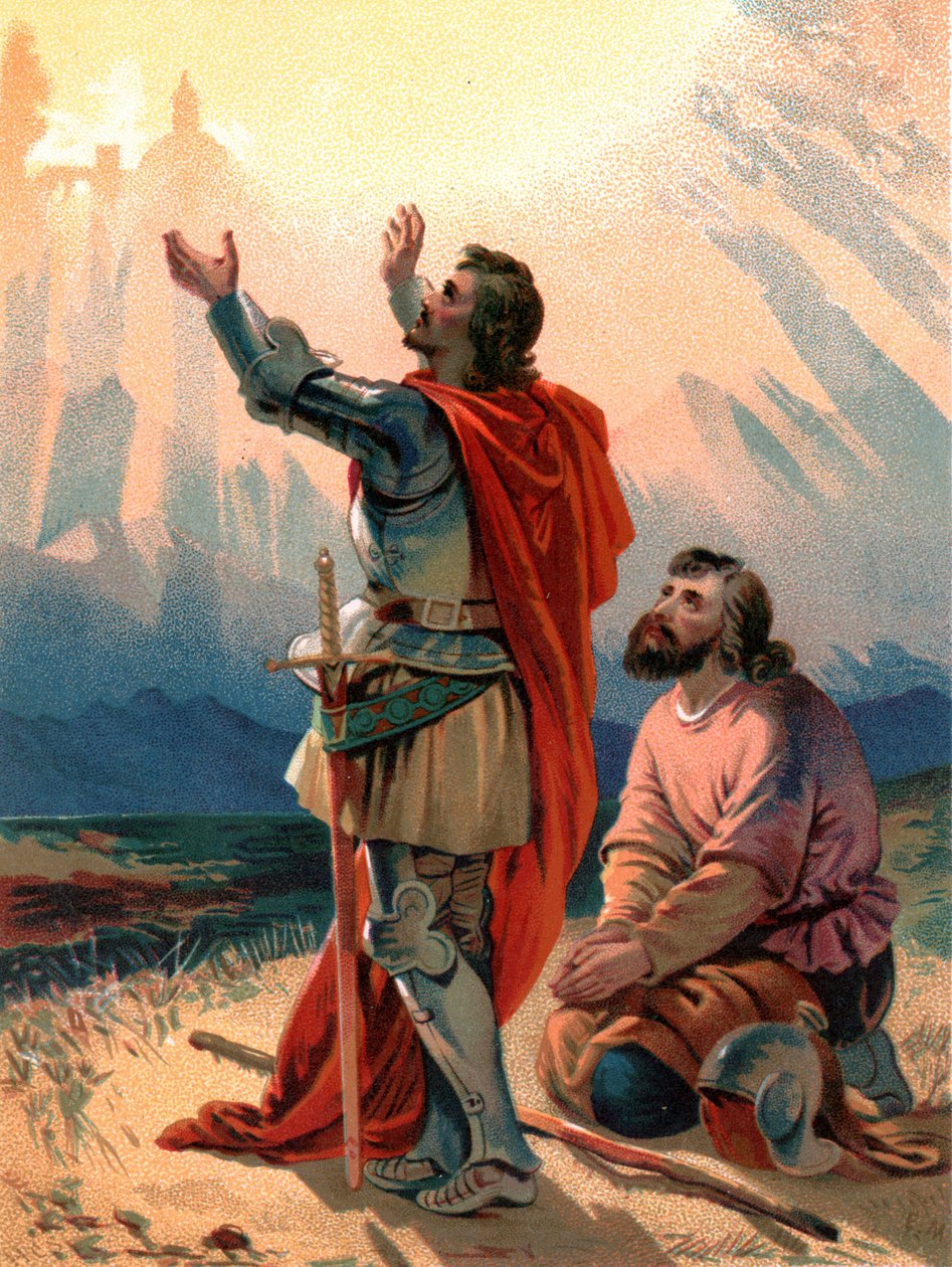 "Christian, tittelens pilegrim, kneler forundret når han og hans følgesvenn ankommer innenfor synsvidde av Den hellige by" av Henry Courtney Selous