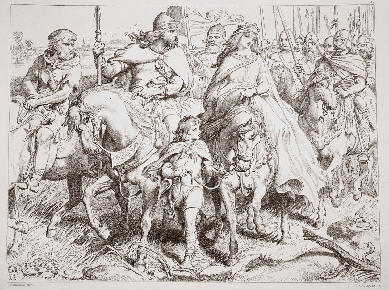 Hereward vokter Alftruda til et trygt sted, illustrasjon fra Hereward the Great av Charles Kingsley, pub. 1870, gravert av CG Lewis (stålplategravering) av Henry Courtney Selous