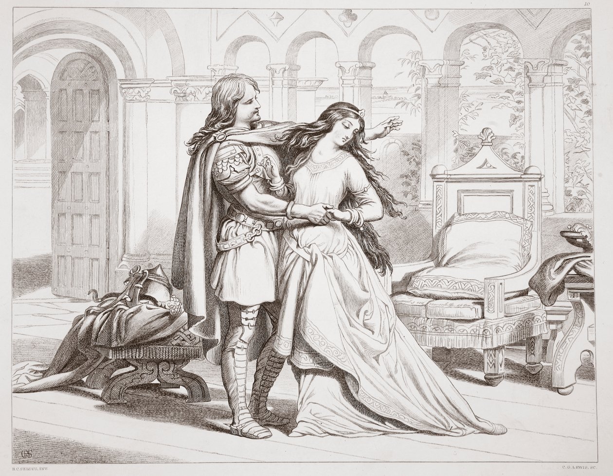 Herewards første intervju med Torfrida, illustrasjon fra Hereward the Great av Charles Kingsley, pub. 1870, gravert av C.G. Lewis (gravering av stålplater) av Henry Courtney Selous