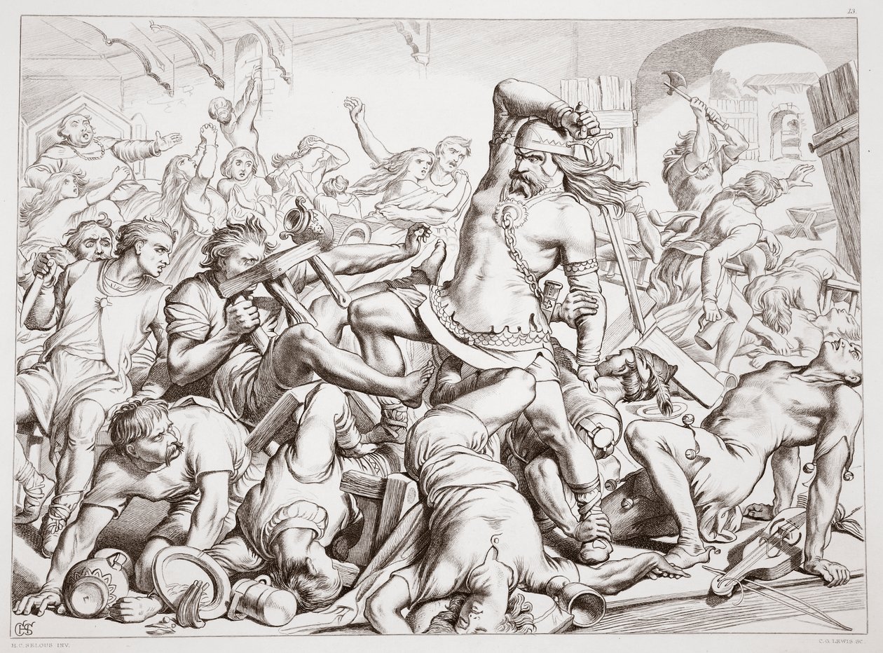 Hvordan Hereward ryddet Bourne fra franskmenn, illustrasjon fra Hereward the Great av Charles Kingsley, pub. 1870, gravert av C.G. Lewis (gravering av stålplater) av Henry Courtney Selous