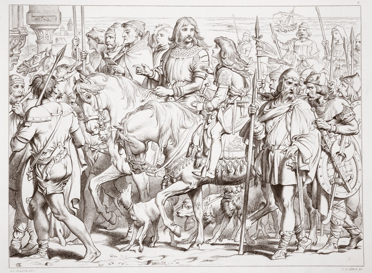 Hvordan Hereward går inn i den innviede festningen St. Bertin, illustrasjon fra Hereward den store av Charles Kingsley, pub. 1870, gravert av C.G. Lewis (gravering av stålplater) av Henry Courtney Selous