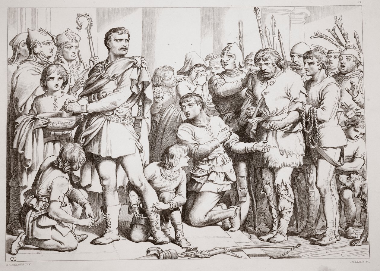 Hvordan Hereward spilte pottemakeren og lurte kongen, illustrasjon fra Hereward the Great av Charles Kingsley, pub. 1870, gravert av C.G. Lewis (gravering av stålplater) av Henry Courtney Selous