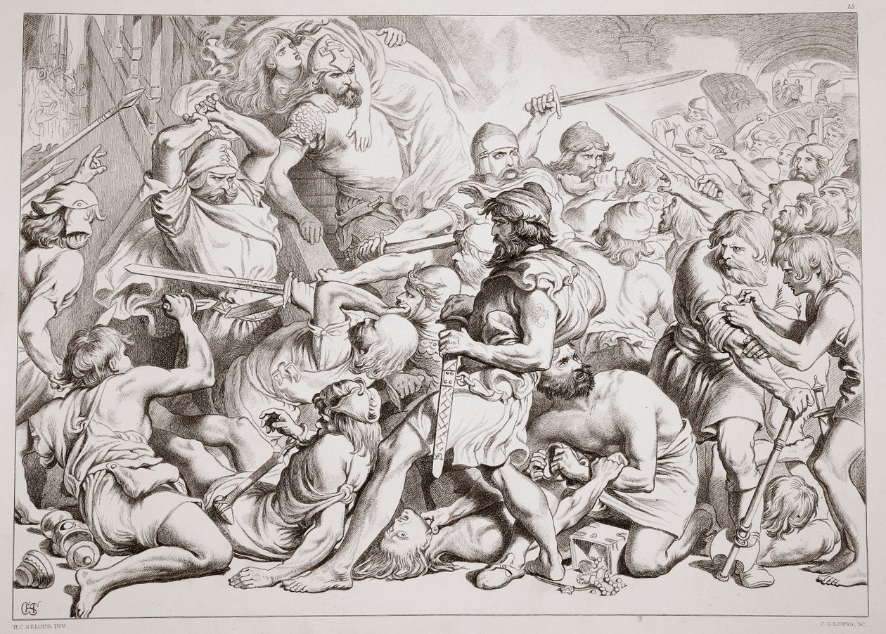 Hvordan Hereward redder Alftruda, illustrasjon fra Hereward the Great av Charles Kingsley, pub. 1870, gravert av CG Lewis (stålplategravering) av Henry Courtney Selous