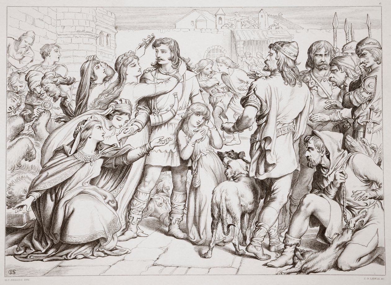 How Hereward drepte bjørnen, illustrasjon fra Hereward the Great av Charles Kingsley, pub. 1870, gravert av C.G. Lewis (gravering av stålplater) av Henry Courtney Selous