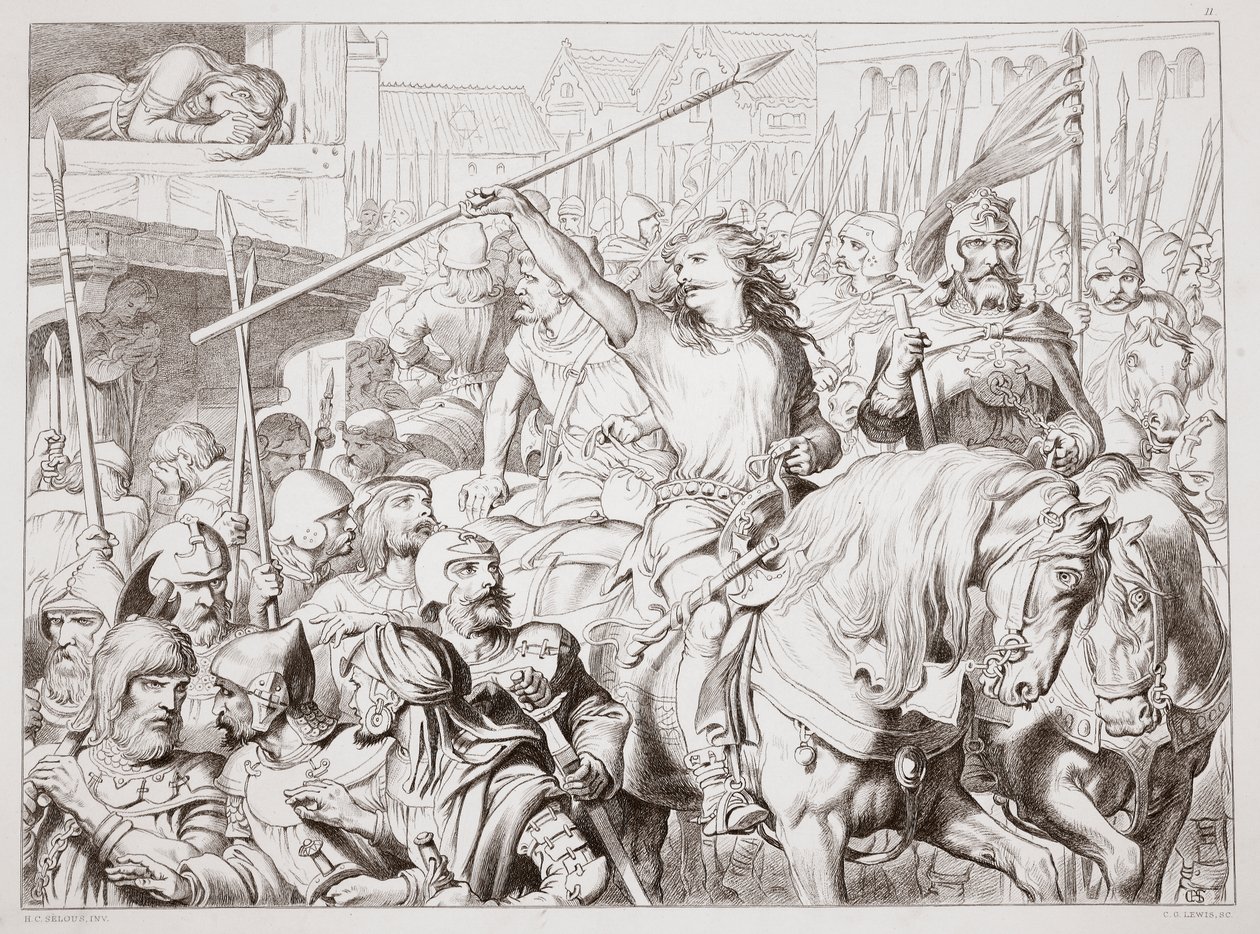 How Hereward turned Berserker, illustrasjon fra Hereward the Great av Charles Kingsley, pub. 1870, gravert av C.G. Lewis (gravering av stålplater) av Henry Courtney Selous