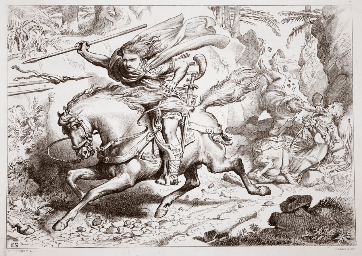 Hvordan Hereward ble fanget i en felle, illustrasjon fra Hereward the Great av Charles Kingsley, pub. 1870, gravert av C.G. Lewis (gravering av stålplater) av Henry Courtney Selous
