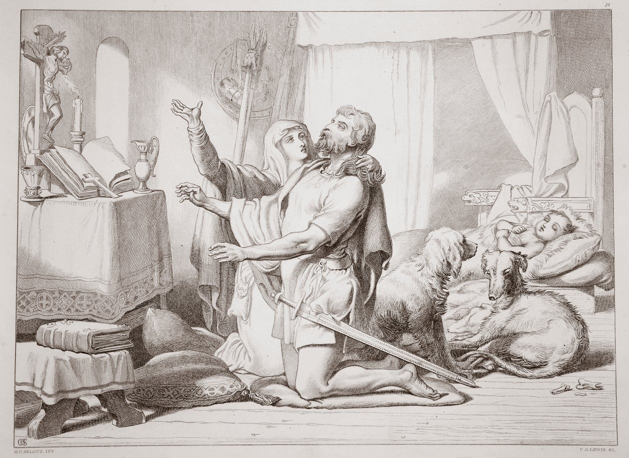 Hvordan Torfrida lærer Hereward å be, illustrasjon fra Hereward the Great av Charles Kingsley, pub. 1870, gravert av C.G. Lewis (gravering av stålplater) av Henry Courtney Selous