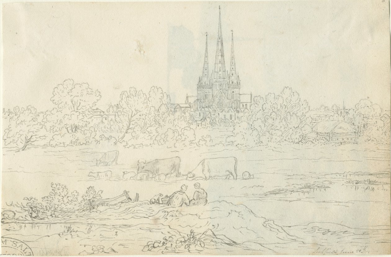 Lichfield Cathedral - East View: penn- og blekktegning, 20. juni [c 1820] (tegning) av Henry Curzon Allport
