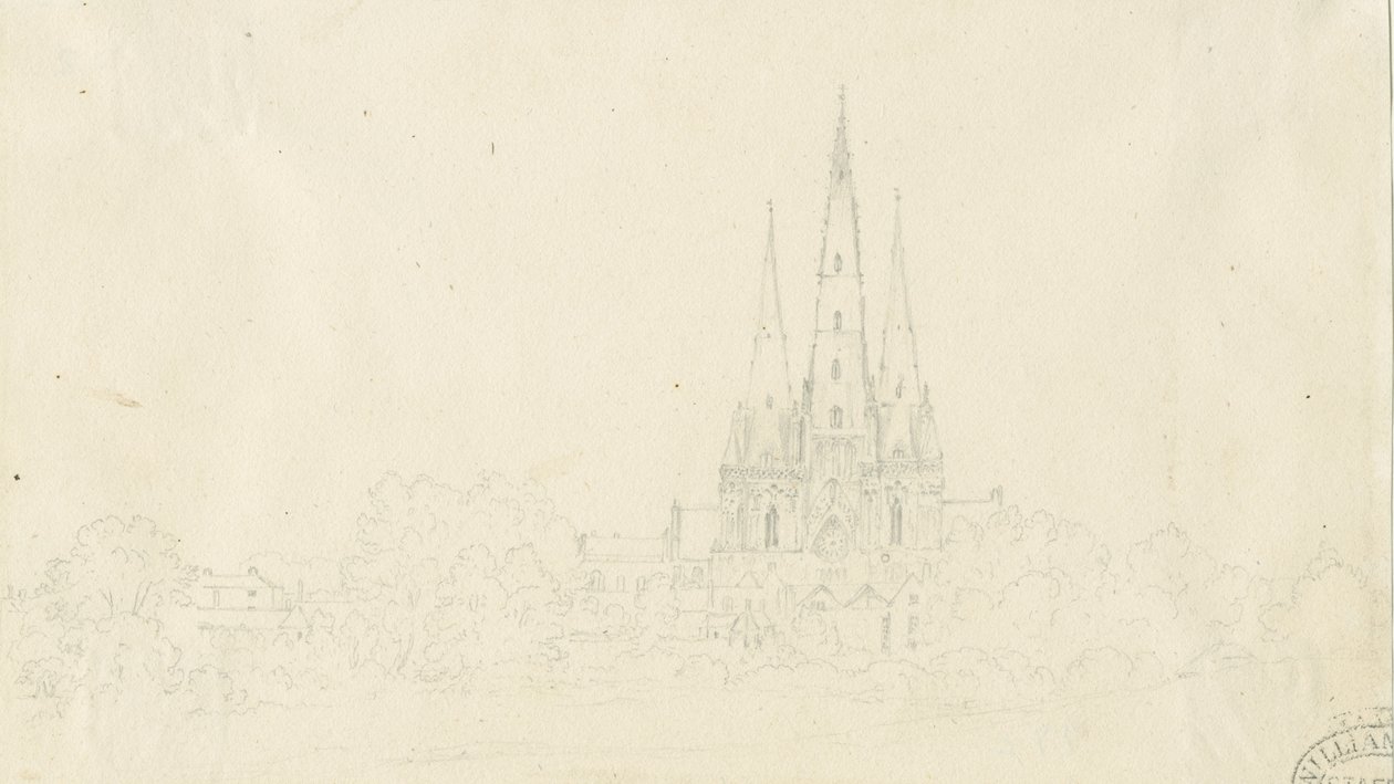 Lichfield Cathedral - East View: blyanttegning, nd [?1800-tallet] av Henry Curzon Allport
