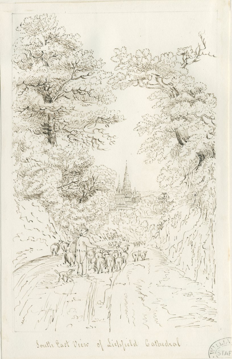 Lichfield Cathedral - South East View (fjern): pennetegning, nd [19th cent] (tegning) av Henry Curzon Allport