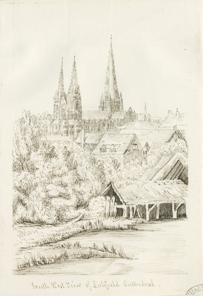 Lichfield Cathedral - South West View: pennetegning, nd [?1788-1855] (tegning) av Henry Curzon Allport