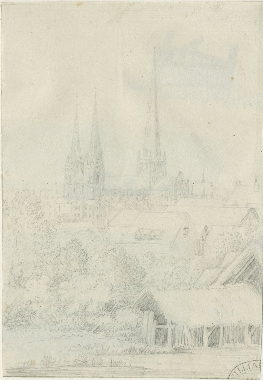 Lichfield Cathedral - South West View: blyanttegning, nd [?1788-1855] (tegning) av Henry Curzon Allport