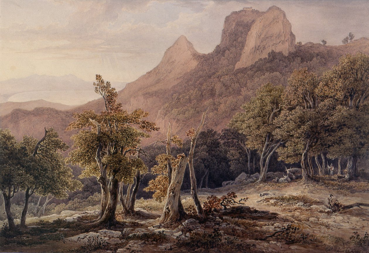 Steinete landskap med figurer og en innsjø i bakgrunnen av Henry Curzon Allport