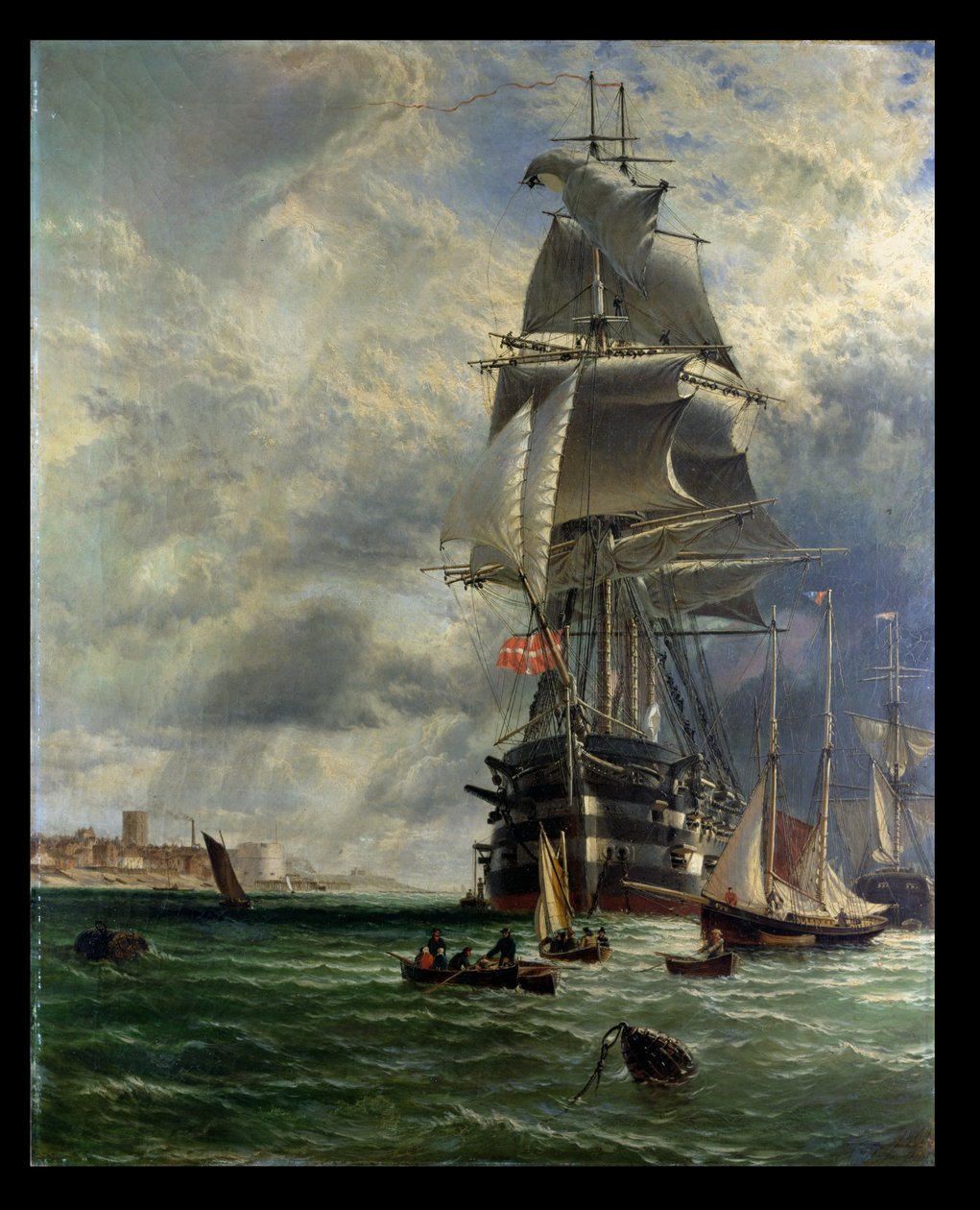 HMS St. Vincent ved hennes fortøyninger utenfor inngangen til Haslar Creek, Portsmouth, 1868 av Henry Dawson