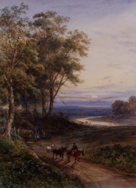 Tømmerlaget ved solnedgang (akvarell) av Henry Earp