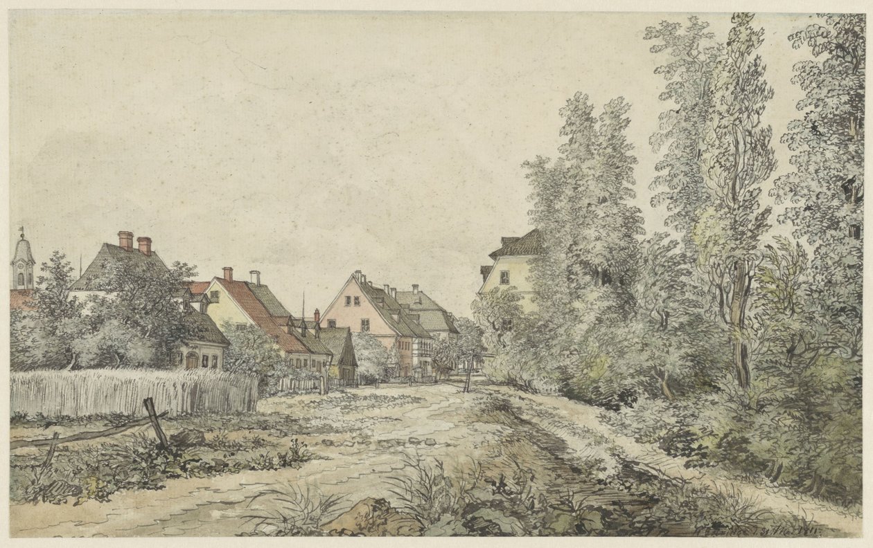 Landsbyvei med hus (i Tyskland?) av Henry Edridge
