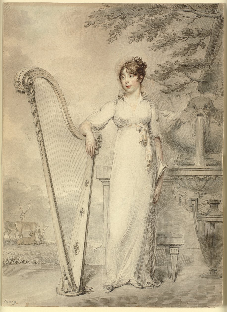 Portrett i full lengde av "Miss V. Dupuis" som hviler armen på en harpe. I bakgrunnen en fontene og et landskap med hjort av Henry Edridge